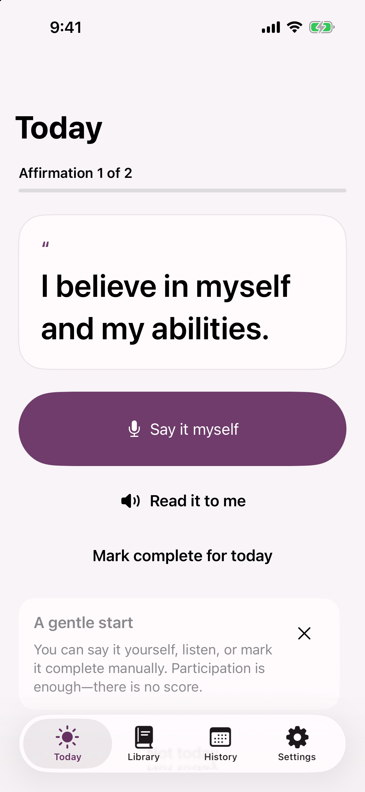 Today screen with three equal participation actions fully visible: Say it myself, Read it to me, and Mark complete for today.